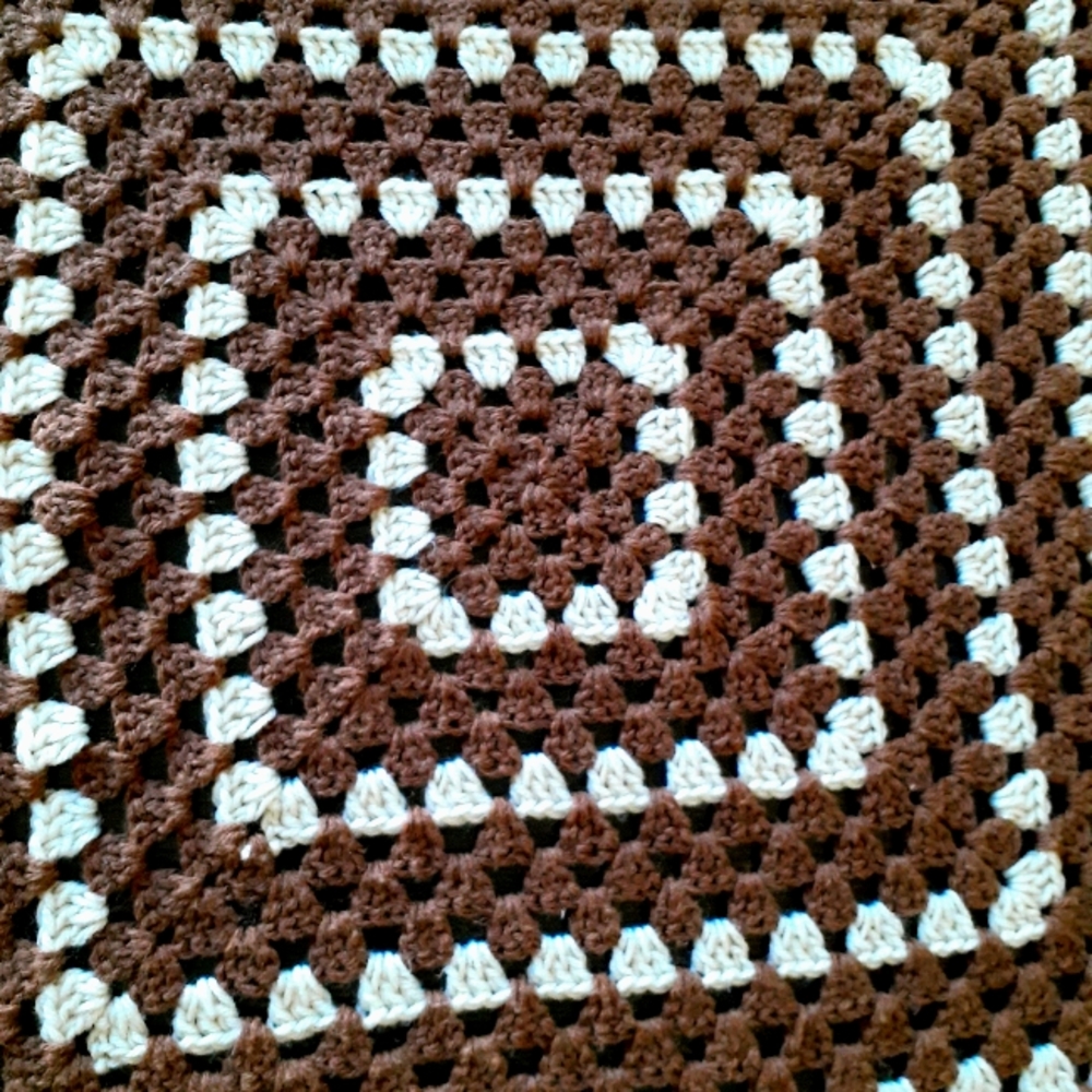 Handmade crochet knit vintage blanket brown white